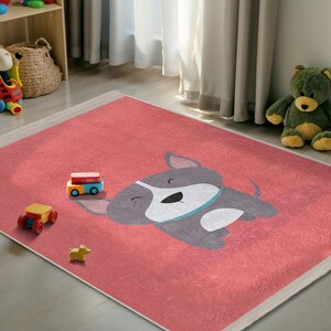 Gray Puppy Dog Coral Kids Room Rug - Happy Cartoon Pet Pattern Nursery Carpet-Playful Animal Design Child Room Rug-Cute Colorful Toddler Mat