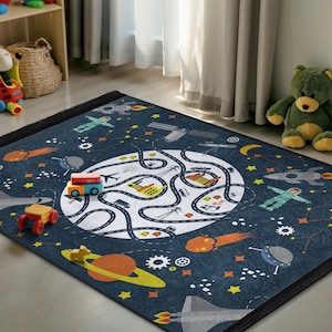 Space Astronaut Playmat Kids Room Rug - Outer Space Rocket Nursery Carpet - Blue Planets Stars Moon  Rug - Educational Universe Road Map Mat