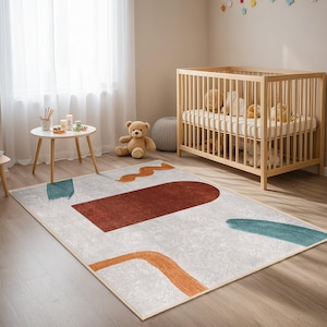 Modern Abstract Geometric Kids Room Rug - Terracotta Teal Artistic Mat- Contemporary Scandinavian Nursery Carpet - Playful Toddler Mat