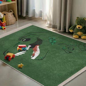 Green Dinosaur T-Rex Kids Room Rug - Cute Cartoon Dino Mat- Playful Prehistoric Animal Nursery Carpet - Toothy Smiling Dinosaur Toddler Mat