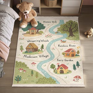 Sprookjeskaart kinderspeelkleed - avonturentapijt Whispering Woods - paddenstoeldorploper - Regenboogrivier antislipmat - groen avonturentapijt