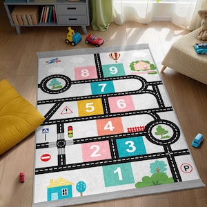 Road Map Numbered Play Mat Kids Room Rug - Game Track Learning Carpet - Educational Playmat -Teepee Tent Teddy Bear Room Decor