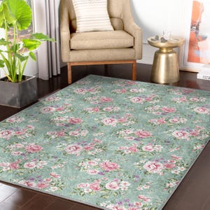 Vintage Teppich mit Blumenmuster - Pastell Rosen Design Waschbar - Anti-Rutsch - Dekorative Matte - Romantischer Akzent Teppich für Wohnzimmer - Floraler Läufer