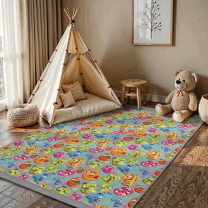 Cartoon Monster Kids Room Rug - Vibrant Friendly Runner - Bright Blue Pink Orange Playmat - Whimsical Animated Creatures Nursery Carpet