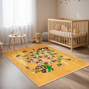 Pirate Treasure Island Boardgame Rug - Numbered Path Palm Trees Playmat-Yellow Beach Adventure Kids Room Carpet-Educational Game Toddler Mat