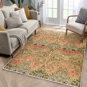 William Morris Inspired Olive Green Area Rug –  Bird Pattern Carpet – Vintage Botanical Washable Mat –Decorative Runner-Elegant Accent Rug