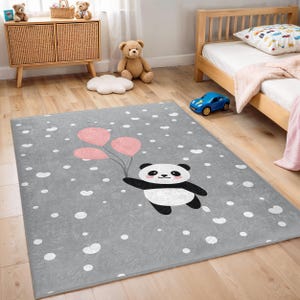 Cute Panda Balloon  Kids Room Rug - Pink Grey Polka Dot Nursery Carpet - Floating Panda Cartoon Anti-Slip Playmat-Sweet Animal Baby Room Rug