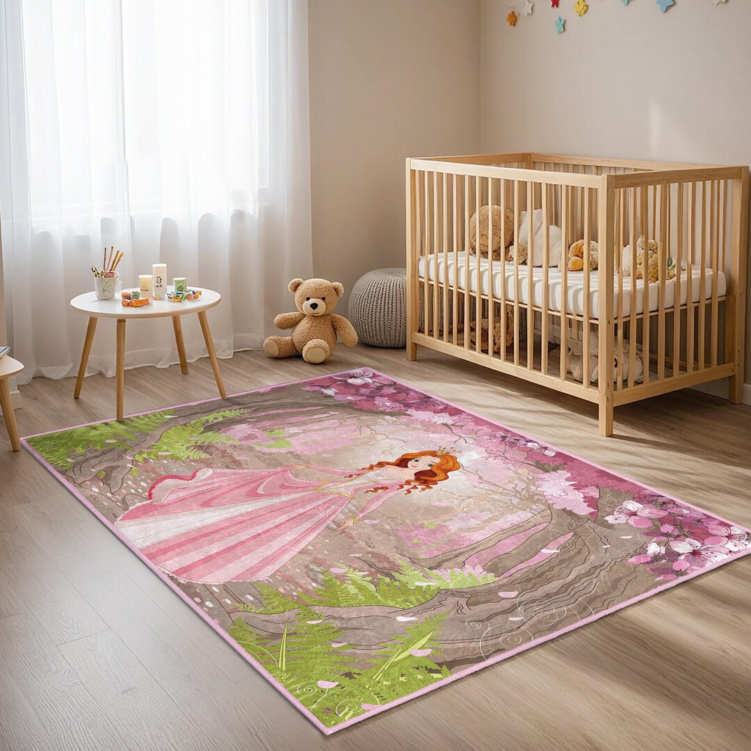 Kids Play Rug Fantasy Fairy Princess Wonderland Kids Room Rug - Pink Forest Mat - Magical ...