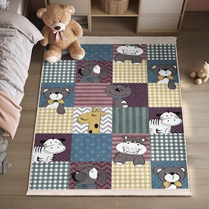 Animal Safari Patchwork Kids Room Rug - Cute Cartoon Nursery Carpet - Blue Yellow Bear Dog Zebra Giraffe Playmat -Animal Friends Toddler Mat