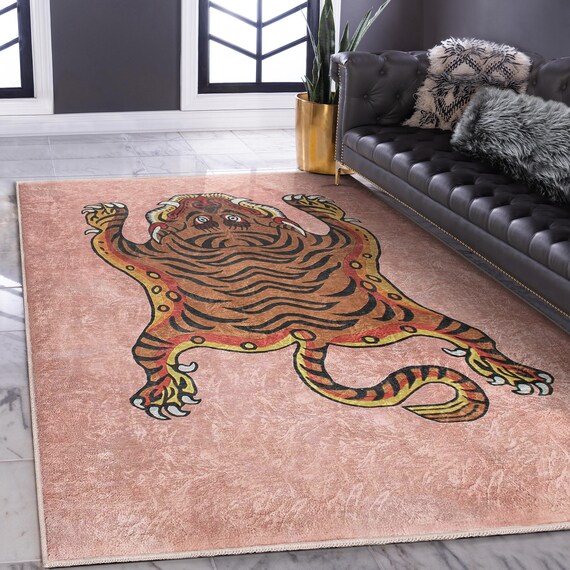 Pink Tiger Motif Area Rug - Vibrant Animal Print Carpet - Eclectic