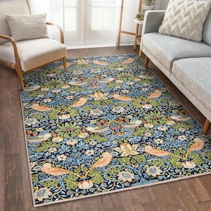 William Morris Inspired Blue Birds Area Rug - Vintage Floral Carpet - Nature Runner - Dark Toned Mat - Artistic Washable Rug