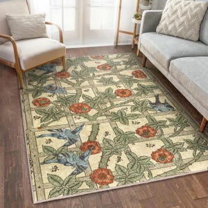 William Morris Style Cream Area Rug – Vintage Floral & Bird Pattern – Artistic Washable Rug – Decorative Runner