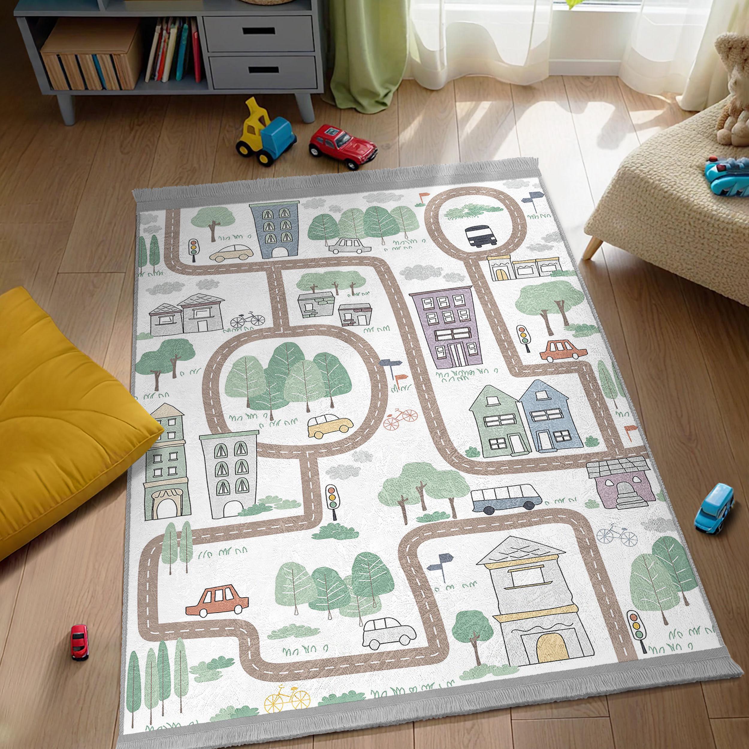 City Road Map Playroom Kids Rug - Town Street Traffic Nursery Carpet ...