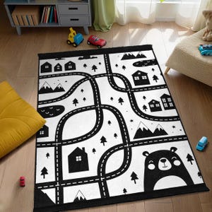 Road Map City Kids Room Rug - Black White Village Carpet - Monochrome Playtime Mat with Houses Trees Mountains-Educational Road Trip Playmat