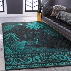 Tropischer Dschungel-Tigerteppich - Türkisgrüner Teppich mit exotischen Blättern - Moderne Wildtiermatte - Künstlerischer Tigerläufer - Rutschfester Tierakzentteppich