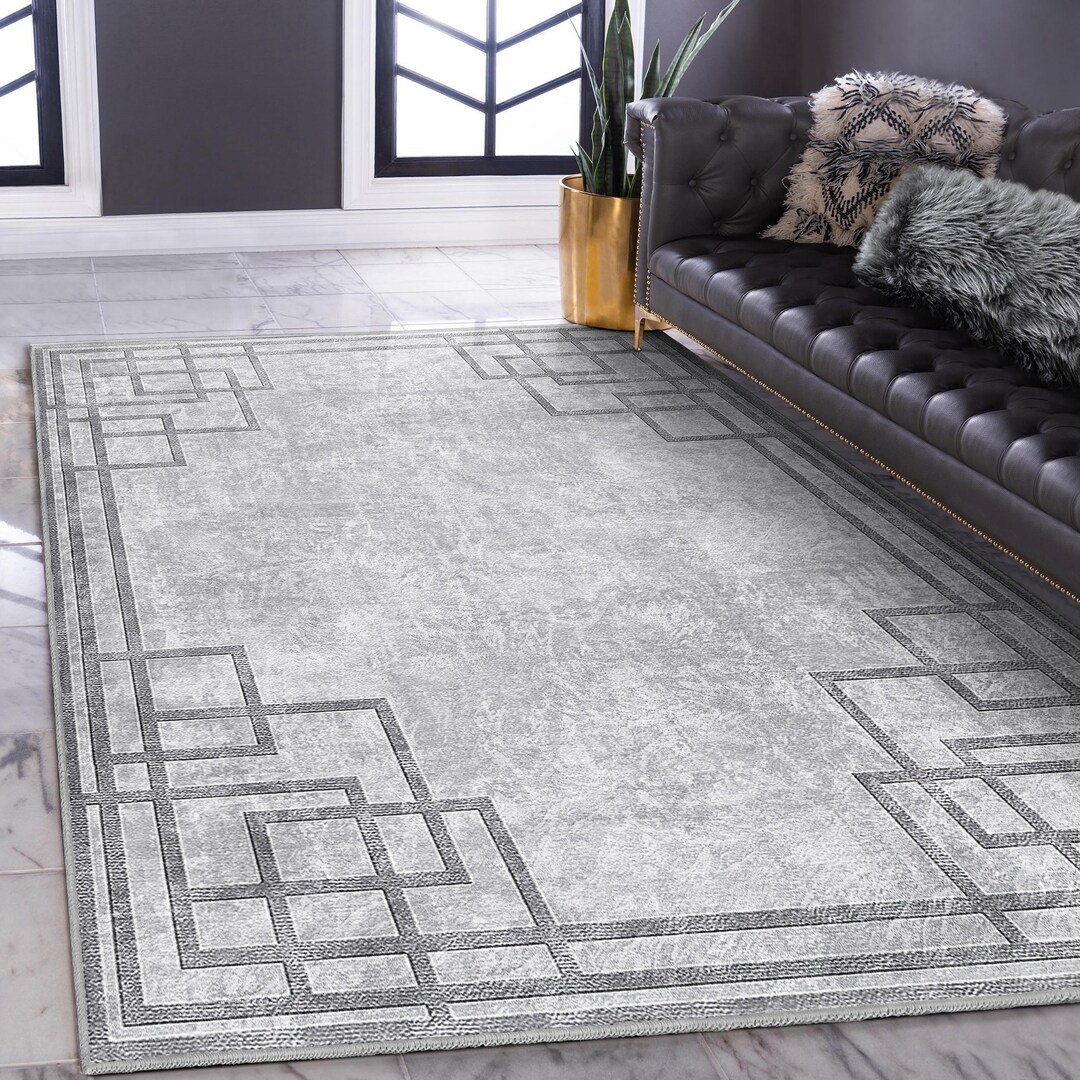 Geometric Border Rug Design Geometric Border Gray Area Rug - Contemporary Minimalist Design - Anti ...