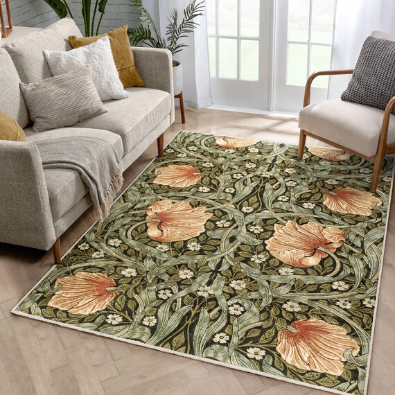 William Morris Poppy Floral Rug - Art Nouveau Botanical Carpet