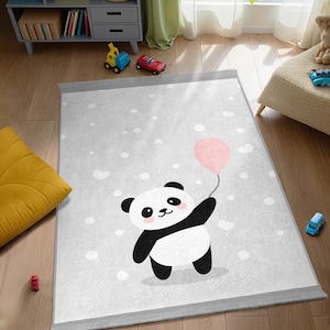 Panda Balloon Cartoon Kids Room Rug - Polka Dot Pattern Nursery Carpet -Gray White Pink Playful Child Room Rug-Teddy Teepee Cozy Toddler Mat