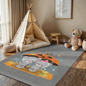 Cute Bear Friends Umbrella Kids Room Rug - Gray Cartoon Teddy Carpet - Orange Pumpkin Autumn Nursery Carpet - Adorable Baby Animals Playmat