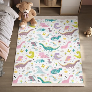 Dinosaur Colorful Playful Kids Room Rug - Pastel Dino Nursery Carpet - Pink Teal Purple Toddler Mat - Cute Prehistoric Animal Baby Room Rug