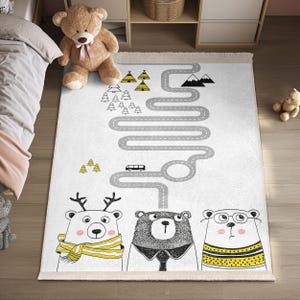 Cute Bear Road Kids Room Rug - Cartoon Animals Playmat - White Minimalist Teepee Cozy Nursery Carpet - Modern Woodland Theme Child Room Mat