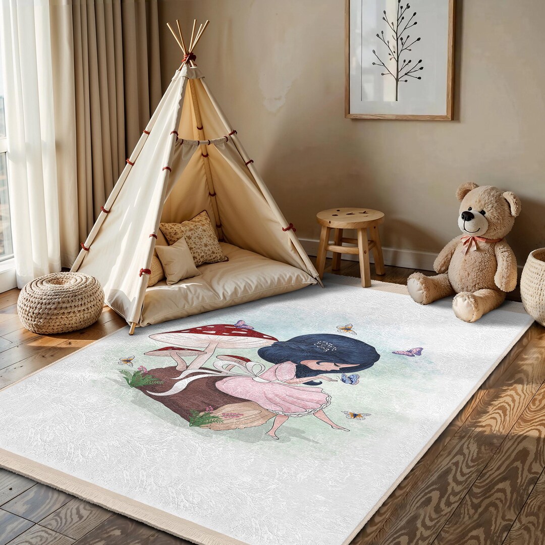 Fairy Blue Rug Mushroom Fairy Pink Dress Kids Room Rug-enchanted Forest Butterfly ...