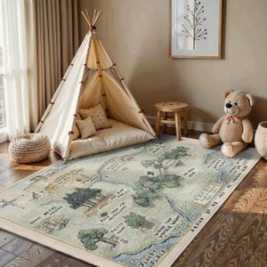 Winnie the Pooh Map Rug - Woodland Adventure Map Kids Room Rug - 100 Acre Wood Kids Carpet- Soft Forest Nursery Carpet - Storybook Playmat