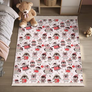 Cute Penguin Winter Holiday Kids Room Rug - Red Pink Carpet - Grey White Penguin Character Playmat - Cozy Animal Illustration Nursery Carpet