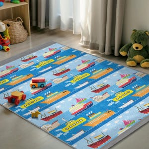 Nautical Ships Boats Kids Room Rug - Sea Vessel Water Runner - Bright Blue Ocean Themed Nursery Carpet - Yellow Submarine Sailboat Playmat