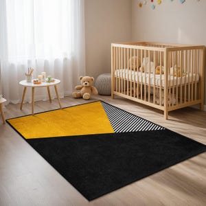 Geometric Black Yellow Nursery Carpet - Modern Stripes Triangle Mat - Bright Contrasting Colors Mat - Contemporary Minimalist Kids Room Rug