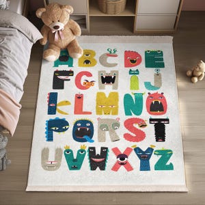 Alphabet Monsters Educational Kids Room Rug -Colorful Letter Animal Pattern-Monster Nursery Carpet-Playful Blue Green Yellow Red Toddler Mat
