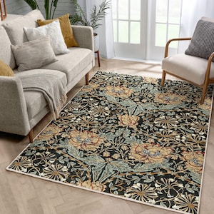 William Morris Inspired Dark Green Floral Area Rug - Vintage Botanical Carpet - Nature Runner - Deep Toned Mat - Artistic Washable Rug