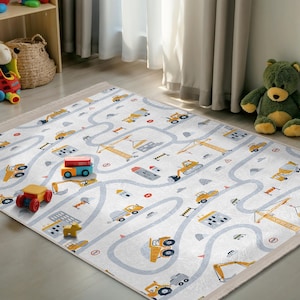Construction Vehicle Road Map Playmat - Yellow Truck Road Nursery Carpet - Transportation Kids Room Rug - Grey Pathway Design Toddler Mat