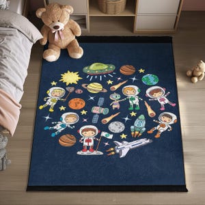 Space Astronaut Kids Room Rug - Planets Rockets Stars Mat-Navy Blue Educational Playmat For Children-Outer Space Theme Nursery Carpet