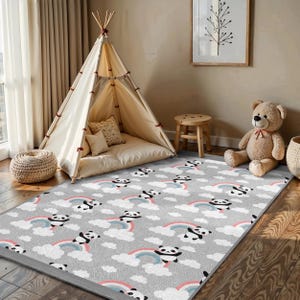 Panda Rainbow Cloud Kids Room Rug - Colorful Cartoon Panda Runner - Gray Nursery Carpet with Cute Animals - Playful Kawaii Bears Toddler Mat