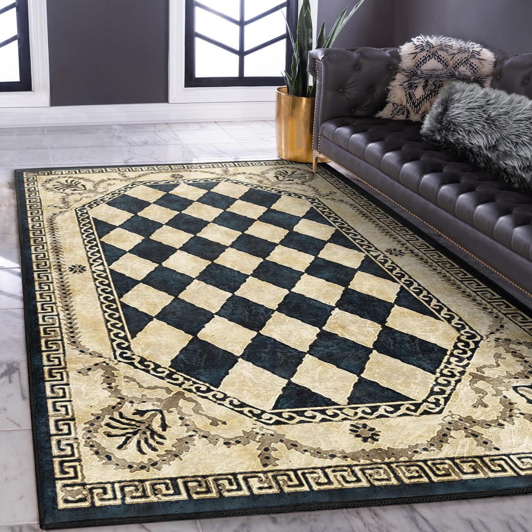 Checkered Area Rug - Black & Beige Chess Pattern Carpet - Classic Greek ...