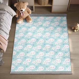 Sleepy Moon Stars Nursery Carpet -Dreamy Celestial Pattern Playmat-Light Blue Clouds Night Sky Kids Room Rug-Cute Sleeping Faces Toddler Mat