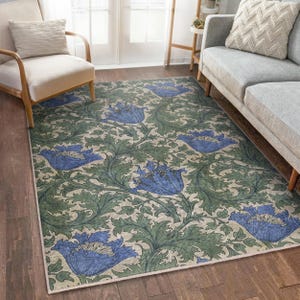 William Morris Style Floral Rug - Art Nouveau Botanical Carpet - Blue & Green Vintage Area Rug - Soft Washable Mat - Elegant Nature Runner