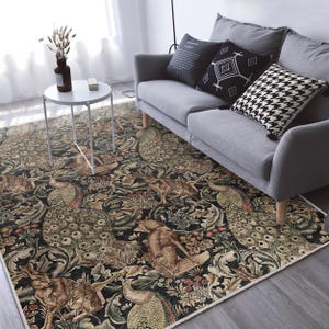 William Morris Inspired Forest Area Rug - Rabbit Carpet - Detailed Wildlife Runner - Antique Mat – Artistic Washable Rug – Decorative Runner