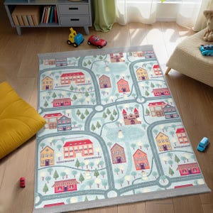 Colorful Town Road Map Kids Room Rug - Street Village Houses Play Runner - Blue Carpet with Teddy Bear Teepee -Child Room Play Town Road Rug