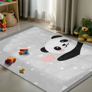 Cute Panda Cartoon Kids Room Rug - Dotted Polka Dots Mat - Gray White Adorable Playful Animal Nursery Carpet - Soft Anti-Slip Colorful  Rug