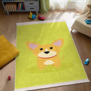 Cute Corgi Dog Green Kids Room Rug - Chihuahua Cartoon Playmat -Bright Yellow Background Toddler Mat-Childrens Bedroom Animal Nursery Carpet