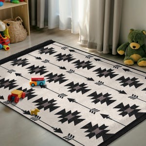 Southwestern Tribal Arrows Kids Room Rug - Black Geometric Runner - Bohemian Aztec Design Playmat -Monochrome Adventure Nursery Carpet