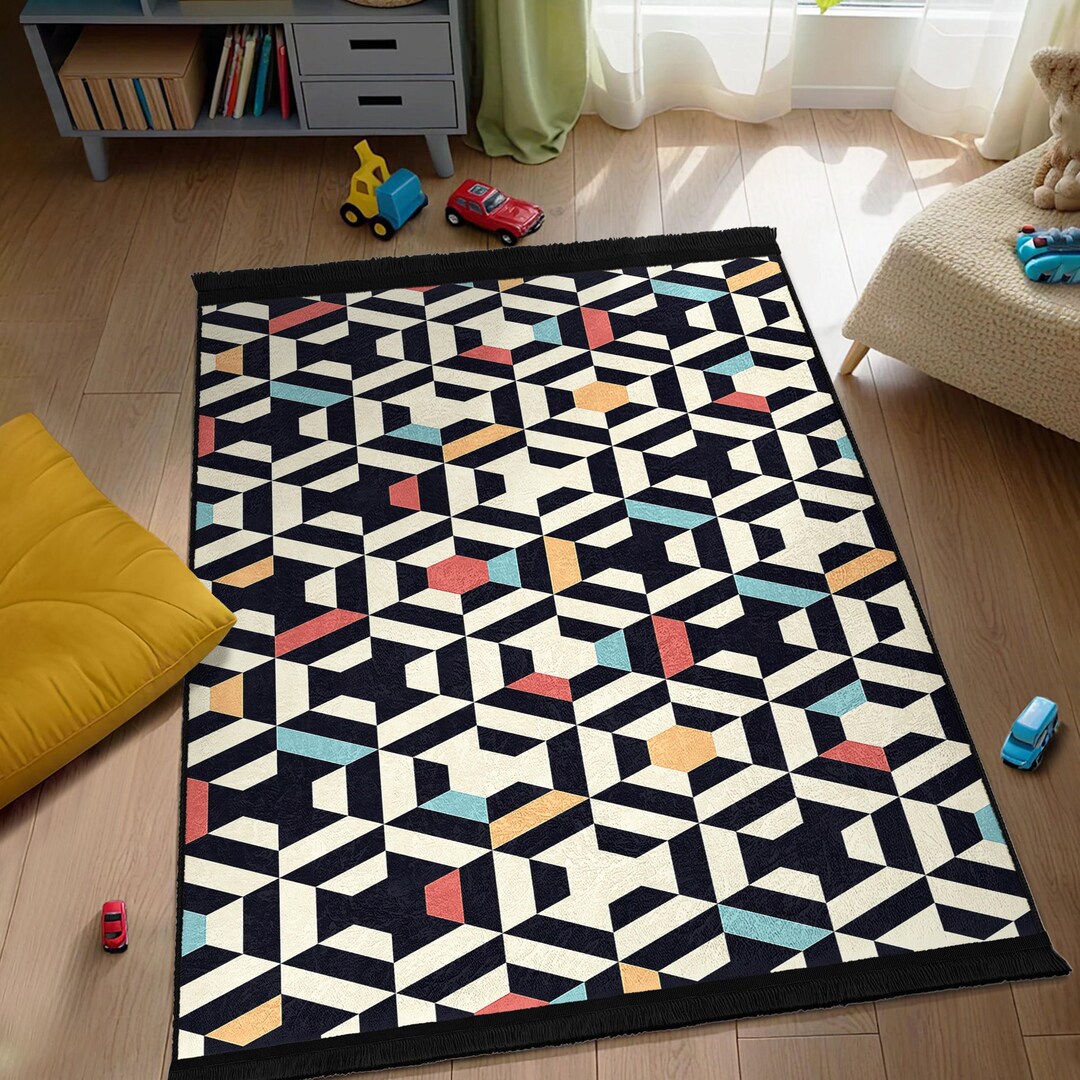 Geometric Modern Optical Kids Room Rug - Black White 3D Cube Runner ...