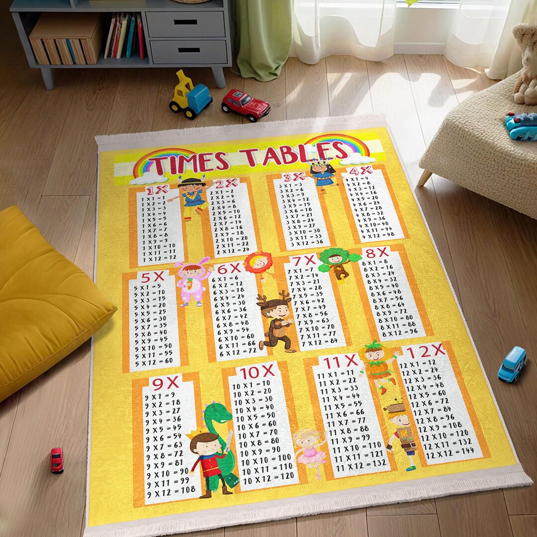 Educational Times Tables Playmat Kids Room Rug - Yellow Math Learning ...