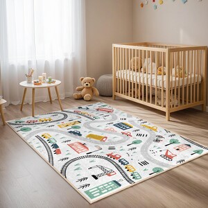 City Transport Play Mat Kids Room Rug - Road Train Car Design Nursery Carpet-Gray Urban Vehicles Toddler Mat-Colorful Town Adventure Playmat