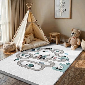 City Road Map Playmat Kids Room Rug - Adventure Tracks Town Mat - Gray White Urban Landscape Toddler Mat -Modern Play Racing Circuit Carpet