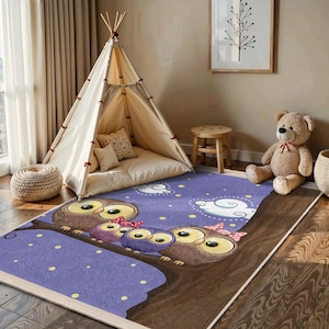 Owl Family Branch Purple Kids Room Rug -Whimsical Tree Owl Adorable Night Sky Cartoon Animal Playmat-Lavender Starry Children Nursery Carpet