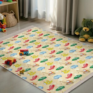 Vehicles Transport Kids Room Rug - Colorful Cars Submarines Boats Runner - Yellow Transportation Nursery Carpet -Play Mat for Toddlers Decor