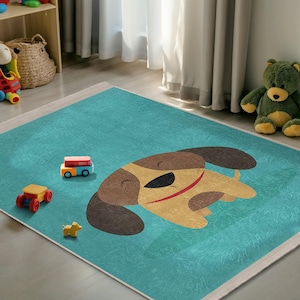 Playful Puppy Dog Kids Room Rug - Cute Blue Cartoon Design Mat - Adorable Turquoise Animal Toddler Mat-Colorful Plush Bedroom Nursery Carpet